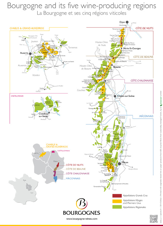 map of bourgogne and its five wine-producing regions