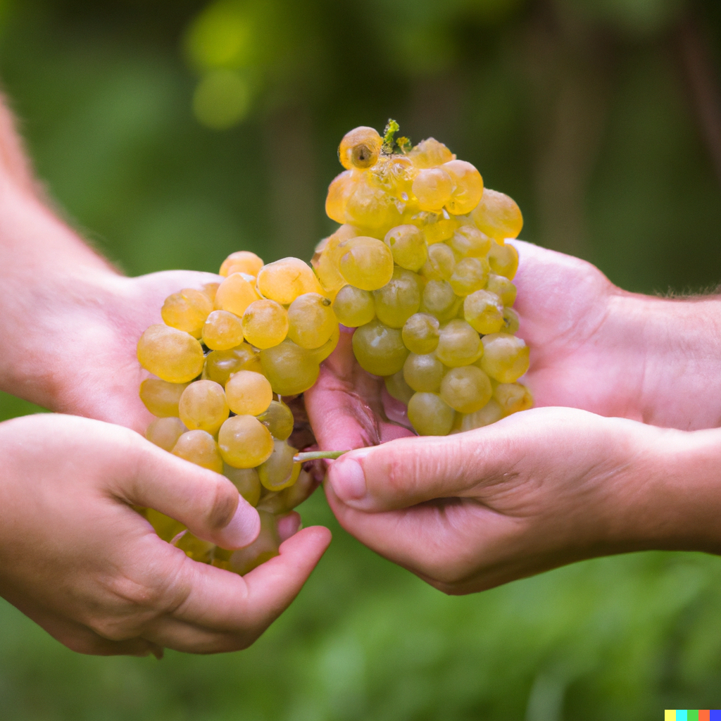DALL·E-2023-02-18-13.29.25-tow-hands-holding-white-wine-grapes-with-fuzzy-wineyard-background