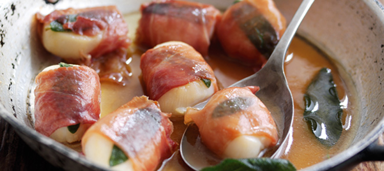 Parma Ham-wrapped scallops with marsala and sage