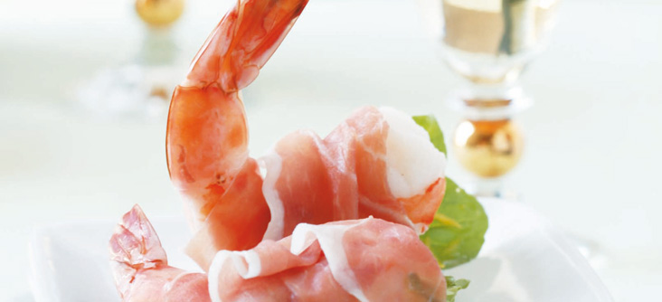 Prawns wrapped, with Parma Ham and rocket