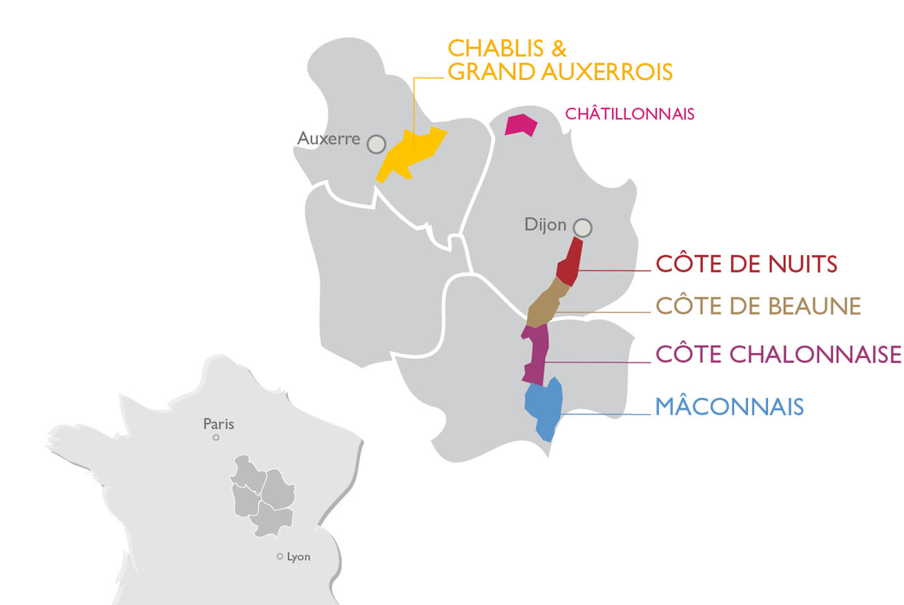 Map Of Bourgogne And Its Five Wine Producing Regions Bourgogne Wines Map Of Bourgogne And Its Five Wine Producing Regions Bourgogne Wines