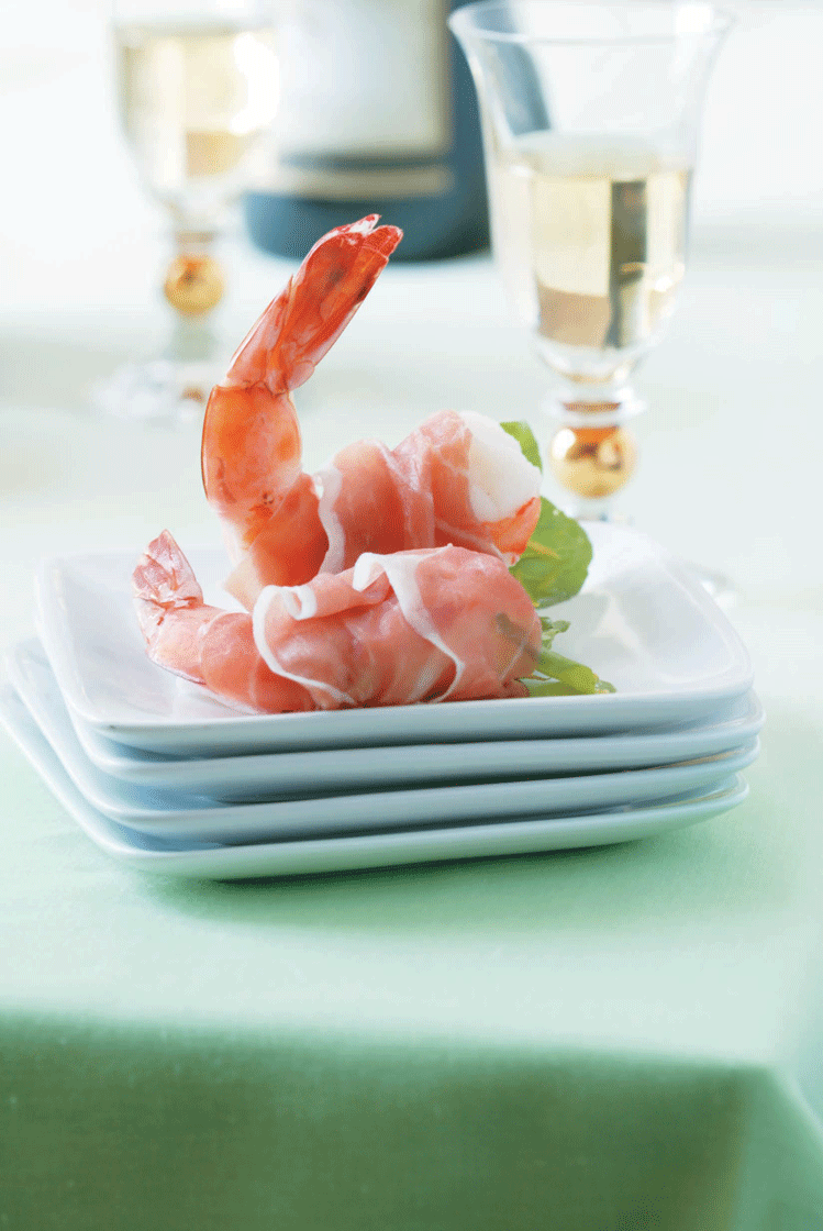 Prawns wrapped, with Parma Ham and rocket