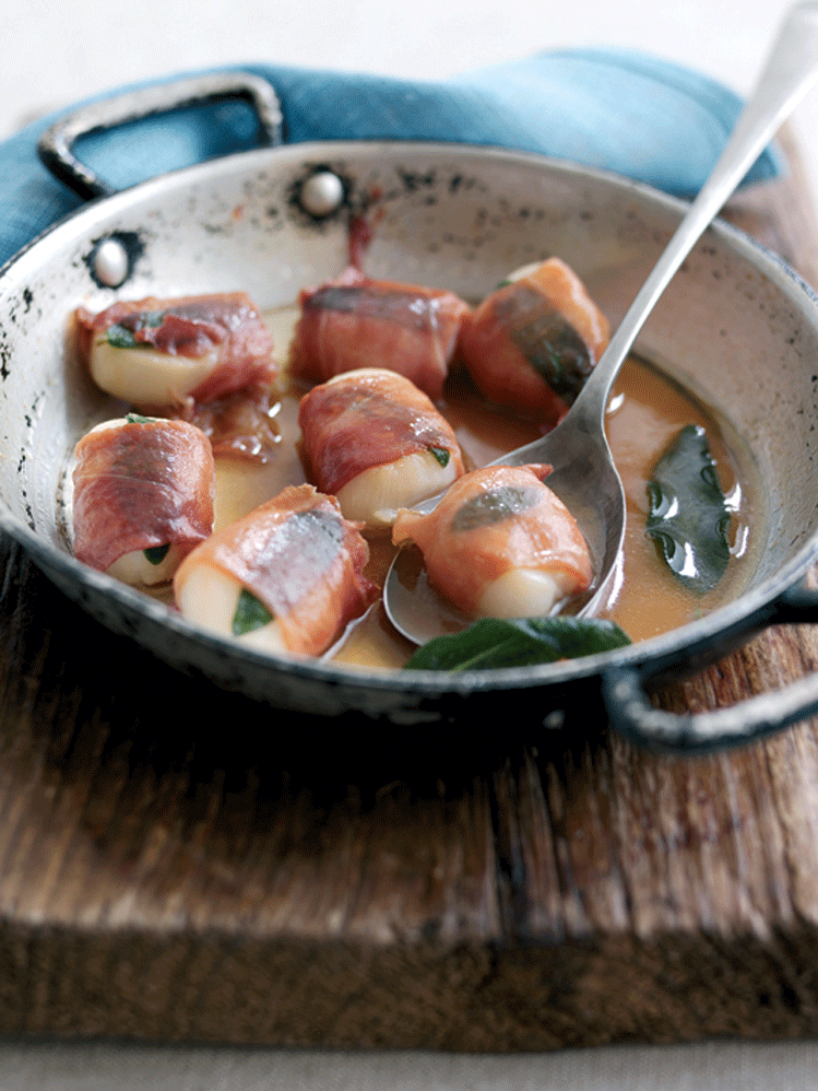 Parma Ham-wrapped scallops, with marsala and sage