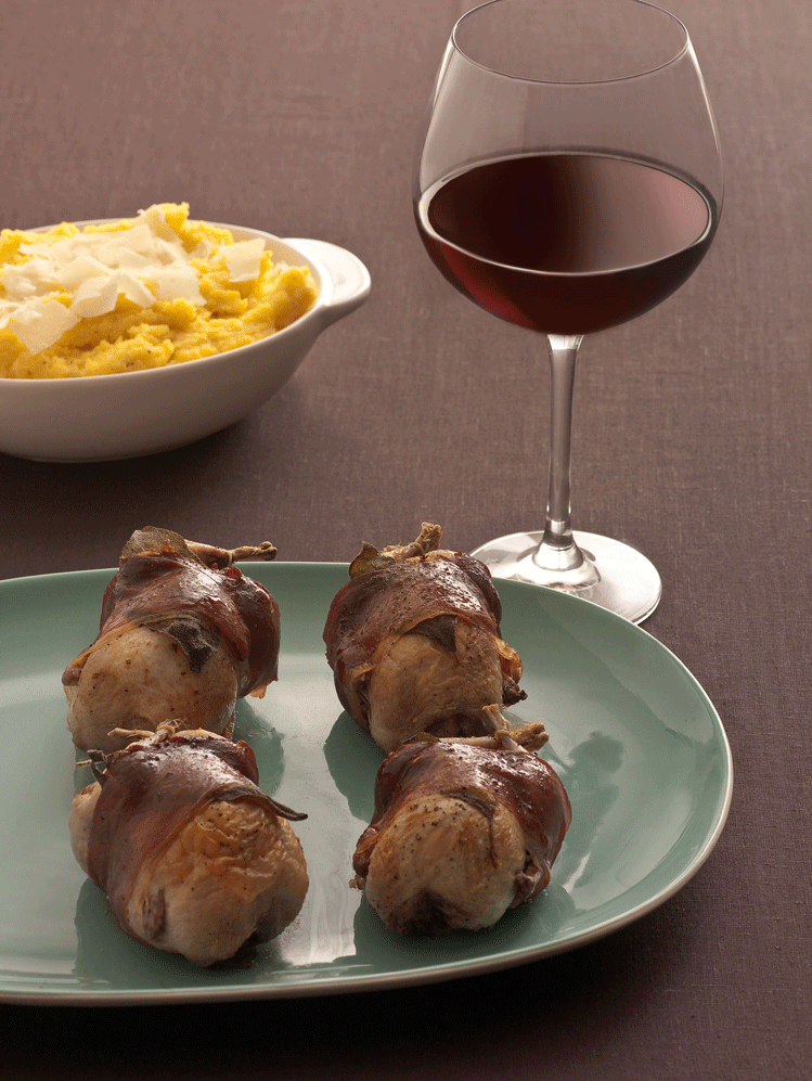 Roasted Quails wrapped in Parma Ham and Sage, with a Parmigiano-Reggiano cheese Polenta