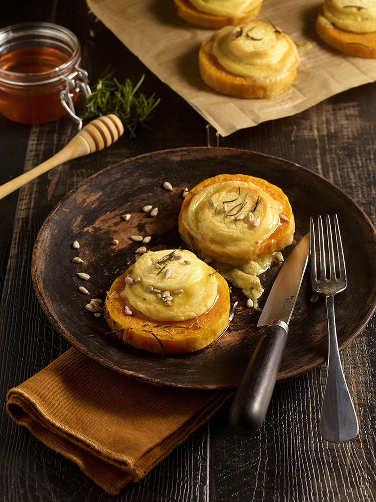 Butternut confit slices with rosemary and goat's cheese