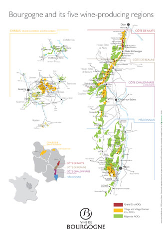 Map of Bourgogne and its five wine-producing regions