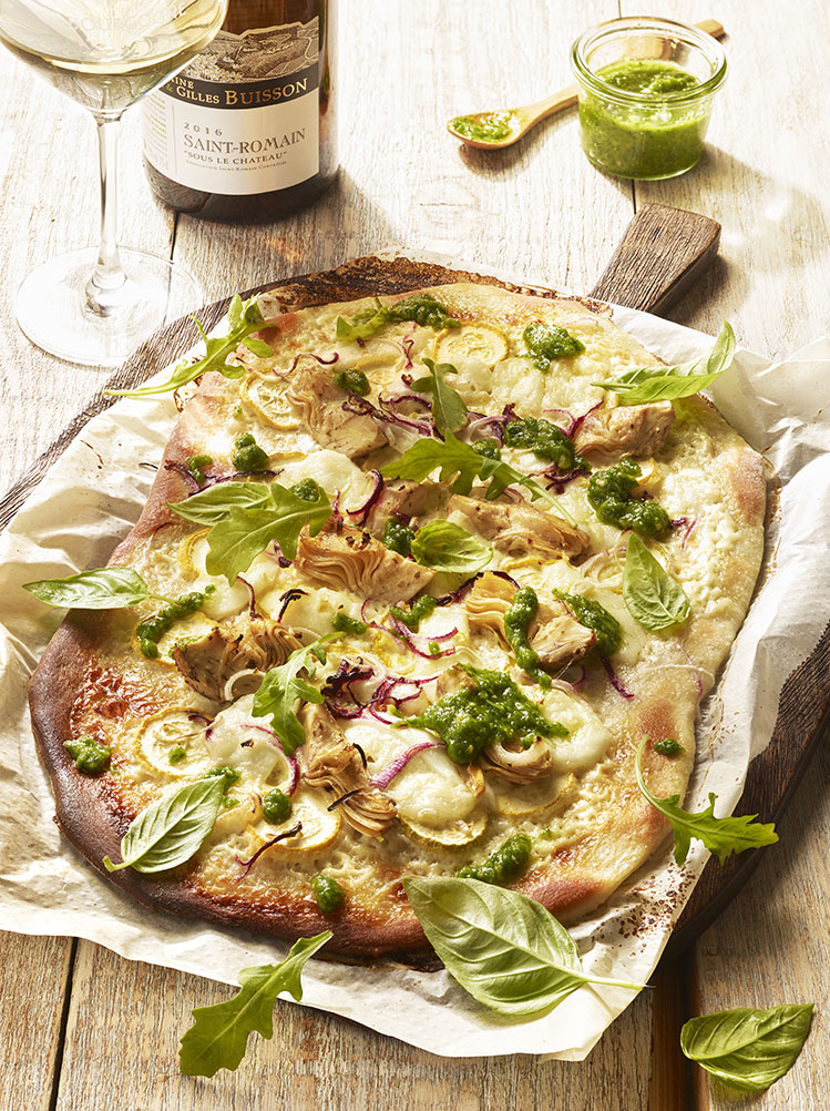 Pizza Verde with artichoke pesto and mozza